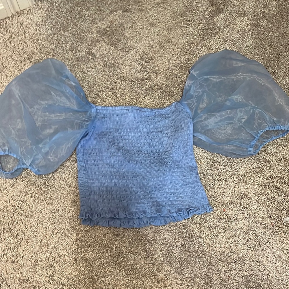 Blue top with puffed sleeves